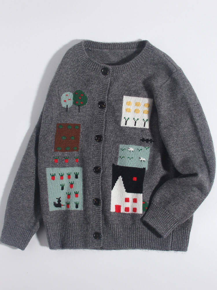 Kids Village Pattern Button-Down Cashmere Cardigan